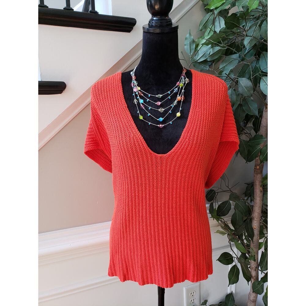 Cabi Sweater Women's Size XS Orange Cotton‎ Casual Short Sleeve V-Neck Pullover